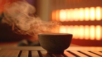 un taza de caliente herbario té humeante suavemente en frente de un persona como ellos disfrutar en el calor de un infrarrojo sauna. el vapor desde el té agrega a el en general limpieza y rejuvenecedor foto