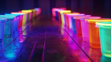 A game of neonlit beer pong with the traditional drink rep by glowing nonalcoholic options photo