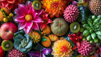 A variety of tropical fruits including coconut kiwi and guava carved into beautiful flowers and arranged together in a vibrant display photo