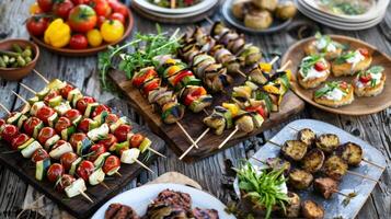 An array of platters filled with delectable finger foods from grilled vegetable skewers to mini caprese bites set on a rustic wooden table photo