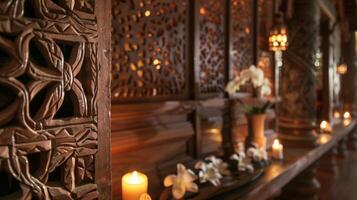 An intricately carved wooden screen creates a sense of privacy and seclusion enhancing the intimate and serene atmosphere. 2d flat cartoon photo