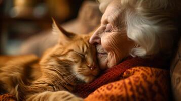 el epítome de Jubilación comodidad como un sereno mayor mujer asiente apagado junto a un durmiendo felino compañero foto