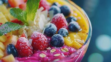 A closeup of a colorful smoothie bowl filled with ingredients known for their brainboosting properties at a healthconscious cafe. photo