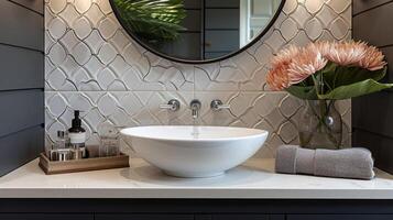 A modern black and white powder room features a geometric patterned tile wall sleek floating vanity and statement mirror for a chic and sophisticated look photo