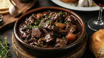 tomar un viaje a el corazón de borgoña Francia con cada mordedura de esta tradicional carne de vaca bourguignon. cocinado a fuego lento a perfección terminado un abierto fuego el oferta carne de vaca y aromático re foto