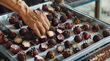 A man carefully arranging freshly mangosteen into a dehydrator tray using a foodgrade silicone mat to prevent sticking photo