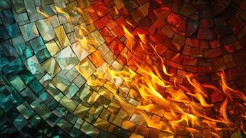 The vibrant colors of a mosaic sculpture are accentuated by the amber flames creating a mesmerizing contrast of light and dark. 2d flat cartoon photo