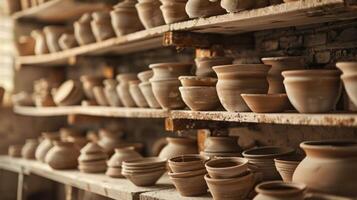 A rustic pottery workshop filled with shelves of unfinished pieces waiting to be glazed and fired into rustic masterpieces. photo
