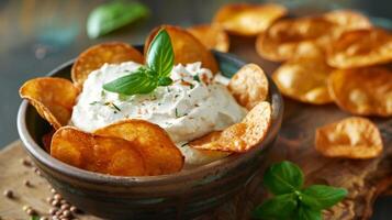 A bowl of crispy lentil chips served with a rich and creamy white bean dip photo