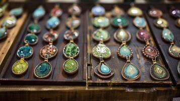 A display of finished ceramic pendants at a local artisan market showcasing the wide range of styles and designs available. photo
