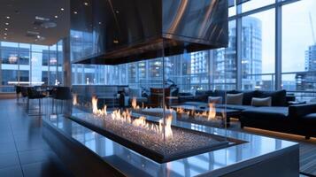 The sleek and modern fireplace in the corner of the lobby is surrounded by floortoceiling glass panels allowing guests to feel immersed in the cityscape even while indoors. 2d flat photo