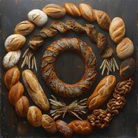 a bunch of different types of bread are arranged in a circle photo