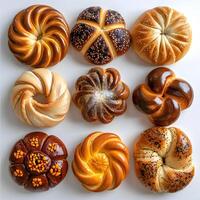 Assortment of various baked goods and pastries displayed on a white surface photo