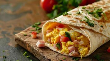 wrapped tortilla with eggs, ham and cheese for breakfast with ample copy space, vivid background photo