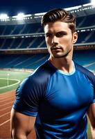 Handsome animated male character in sportswear posing in a stadium, ideal for fitness promotions and sporting events like the Olympics photo