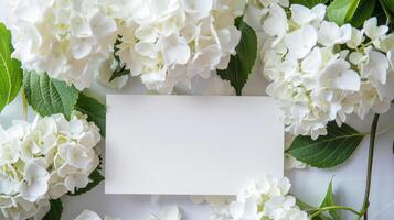 Bosquejo de un blanco tarjeta junto a blanco hortensia ramo, suave pastel tonos foto