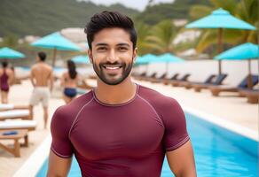 sonriente asiático hombre en trajes de baño disfrutando un verano vacaciones por el piscina, ideal para viajar, ocio, y fiesta recurso promociones foto