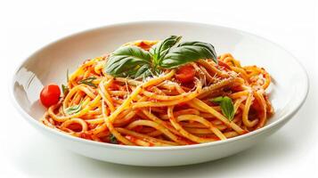 Close up of Italian spaghetti pasta garnished with fresh basil, cherry tomatoes, and grated Parmesan cheese, isolated on a white background with a slight shadow photo