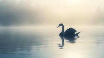 elegante negro cisne en un brumoso lago, agraciado silueta en el Mañana ligero foto