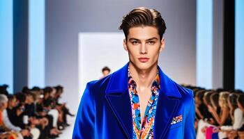 hermoso caucásico masculino modelo exhibiendo negrita azul chaqueta de sport y floral camisa en pista durante Moda semana, ideal para estilo editoriales y diseño inspiración foto