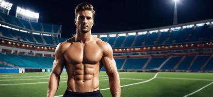 ajuste masculino modelo con atlético físico en pie con confianza en un vacío estadio a noche, simbolizando Deportes, aptitud física, y sano estilo de vida foto