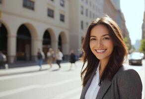 Confident young businesswoman smiling on a sunny city street, epitomizing professional success and International Womens Day concepts photo