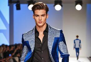 Fashion male model in suit at the catwalk photo