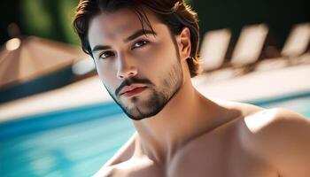 Handsome young adult male with a beard and stylish hair relaxing by the poolside, evoking summer leisure and wellness concepts photo