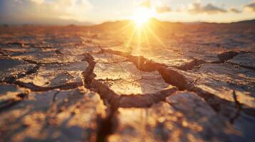 cracked earth in a barren field under a scorching sun, drought concept photo