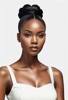 Portrait of a young African woman with an elegant bun hairstyle, ideal for beauty, makeup, and fashion concepts, on a clean white background photo