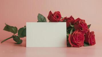 Bosquejo de un blanco tarjeta junto a rojo Rosa ramo, suave pastel tonos foto