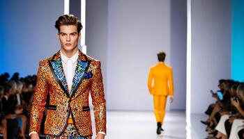 elegante caucásico masculino modelo caminando en Moda espectáculo pasadizo, exhibiendo vistoso diseñador chaqueta, con audiencia en fondo, relacionado a Moda semana eventos foto