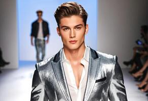 Handsome caucasian male model struts on a fashion show runway in a shiny silver suit, perfect for themes like fashion week, elegance, or New Years Eve photo