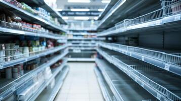 empty grocery shelves, panic buying concept, background with empty space for text photo