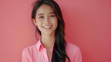 Portrait of a beautiful Thai woman in pink background. photo