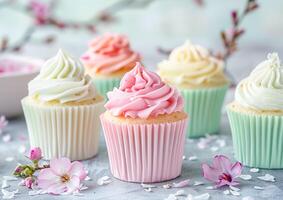 Colorful pastel cupcakes with cream generated by AI. photo