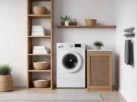Modern laundry room with baskets and shelves with a white wall. photo