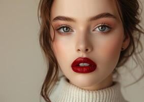 hermosa niña con rojo labios y clásico maquillaje con lápiz labial en mano generado por ai. foto