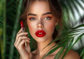 hermosa niña con rojo labios y clásico maquillaje con lápiz labial en mano generado por ai. foto