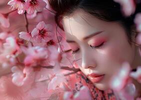 retrato de un mujer vistiendo un geisha disfraz y geisha maquillaje con rosado sakura flores foto
