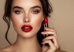 hermosa niña con rojo labios y clásico maquillaje con lápiz labial en mano generado por ai. foto