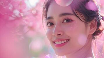 Portrait of a beautiful Thai woman in pink background. photo