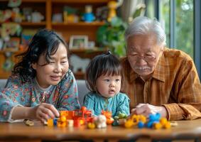 un pequeño niña es jugando con su abuelos en el vivo habitación generado por ai. foto