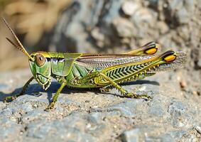 Grasshoppers clinging to the brown stone floor generated by AI. photo