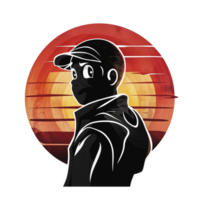 T-shirt design Illustration of a man in a baseball cap and jacket is standing in front of a sunset transparent background png
