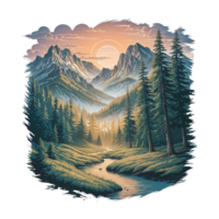 T-shirt design Illustration of a mountain landscape with trees and a river transparent background png