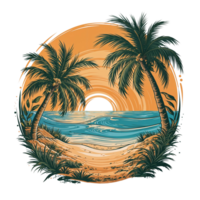 T-shirt design Illustration of tropical beach with palm trees and sunset transparent background png