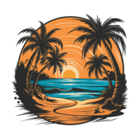 Tropical beach with palm trees and sunset T-shirt design transparent background png