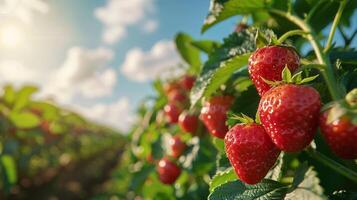 Close-up of strawberries growing in an strawberries grove under bright sun and blue sky generated by AI. photo