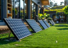 A row of sleek, blue solar panels rest on a bed of green grass generated by AI. photo